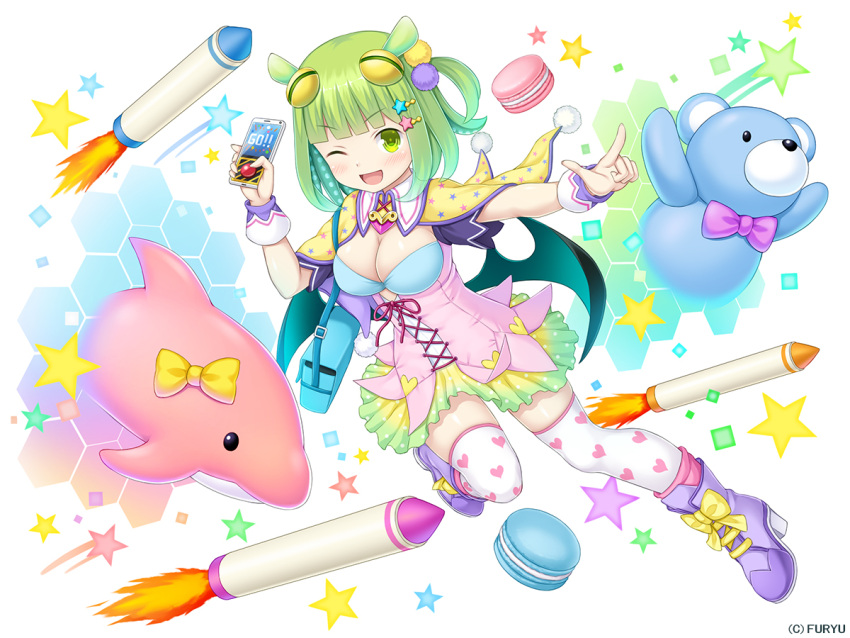 1girl ;d afterburner animal_ears bag bangs black_wings blunt_bangs blush boot_bow boots bow bowtie breasts capelet chenowa_(monmusume-harem) cleavage company_name crayon cross-laced_clothes dress eyebrows_visible_through_hair food full_body green_dress green_eyes green_hair green_wings hair_ornament hairclip heart heart_print holding honeycomb_(pattern) knee_boots looking_at_viewer low_wings macaron medium_breasts medium_hair monmusume-harem monster_girl multicolored multicolored_clothes multicolored_dress namaru_(summer_dandy) official_art one_eye_closed one_side_up open_mouth outstretched_arm pink_dress pointing pom_pom_(clothes) print_capelet print_legwear purple_bow purple_footwear purple_neckwear shiny shiny_hair shiny_skin short_dress shoulder_bag smile solo star star_print stuffed_animal stuffed_dolphin stuffed_toy teddy_bear tentacle_hair thigh-highs v-shaped_eyes white_background white_legwear wings yellow_bow yellow_capelet