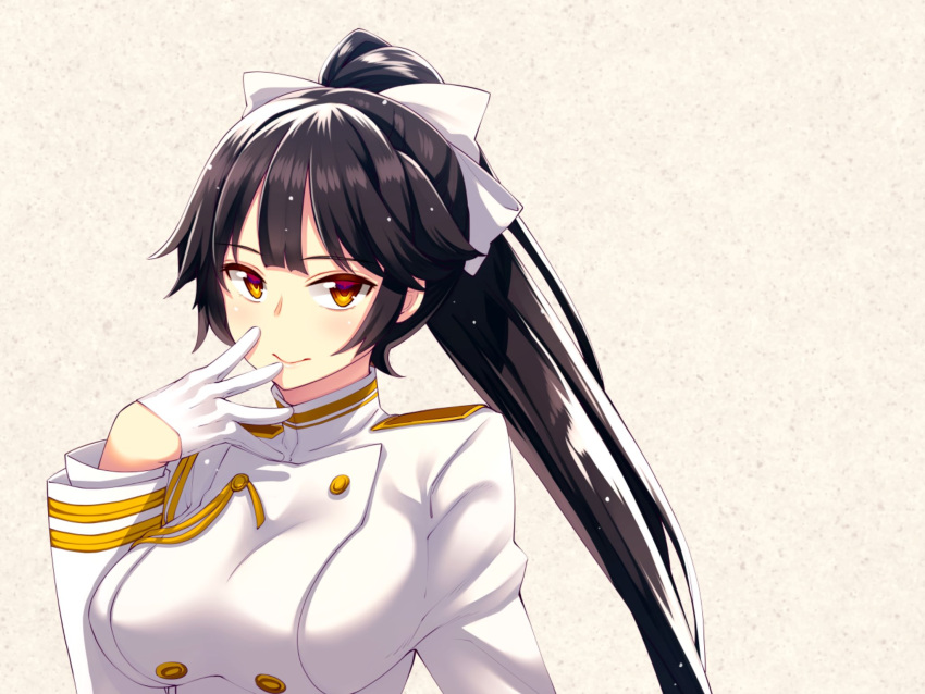 1girl akino_sora azur_lane bangs black_hair bow breasts brown_eyes closed_mouth commentary_request gloves hair_bow half_gloves hand_up highres jacket large_breasts long_hair looking_at_viewer military_jacket ponytail smile solo takao_(azur_lane) upper_body white_bow white_gloves white_jacket