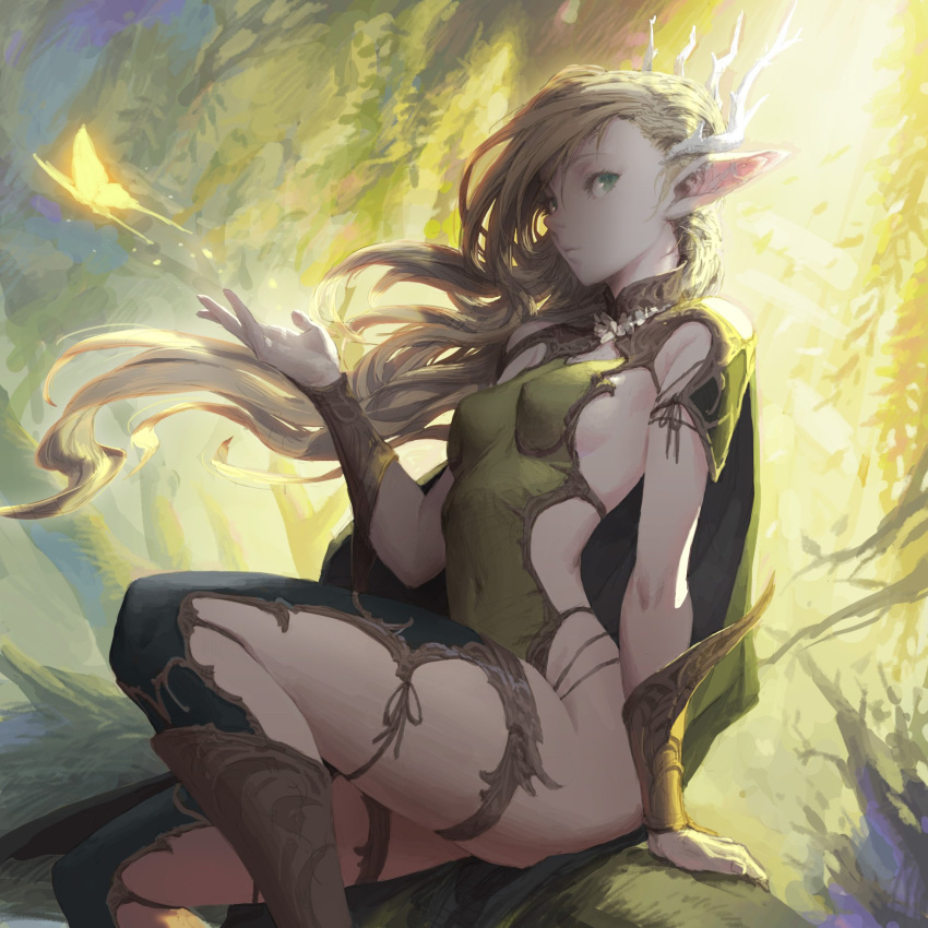 1girl backlighting blonde_hair boots bug butterfly covered_navel covered_nipples elf green_eyes green_hair highres insect lips long_hair looking_to_the_side loped no_bra original pointy_ears sitting skindentation solo thigh-highs tree tree_branch vambraces wind