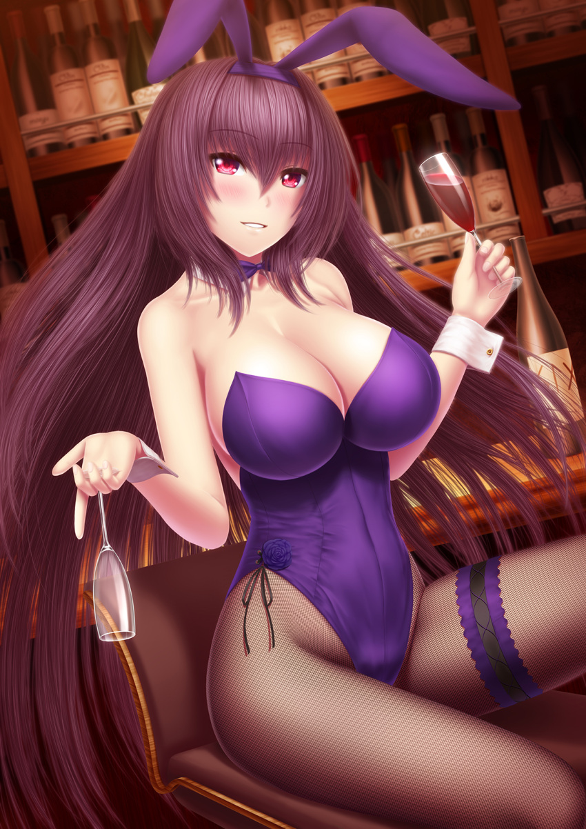 1girl animal_ears bar bare_shoulders black_legwear blush bow bowtie breasts bunny_girl bunnysuit chair cleavage commentary_request covered_navel cup detached_collar drinking_glass dutch_angle fake_animal_ears fate/grand_order fate_(series) fishnet_pantyhose fishnets hair_between_eyes hair_intakes highres large_breasts leotard long_hair looking_at_viewer masatoki pantyhose parted_lips purple_hair purple_leotard rabbit_ears red_eyes scathach_(fate/grand_order) sitting smile solo strapless strapless_leotard teeth thigh_strap very_long_hair wine_glass wrist_cuffs