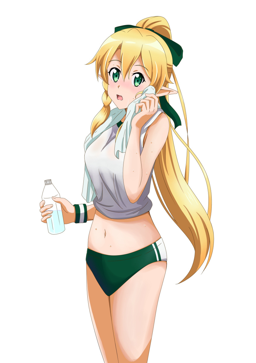 1girl absurdres blonde_hair bottle braid cowboy_shot eyebrows_visible_through_hair freekenji422 green_buruma green_eyes green_ribbon grey_shirt gym_uniform hair_between_eyes hair_ribbon high_ponytail highres holding holding_bottle leafa long_hair looking_at_viewer midriff navel pointy_ears ribbon shirt sidelocks simple_background solo standing stomach sword_art_online towel towel_around_neck twin_braids uniform very_long_hair white_background