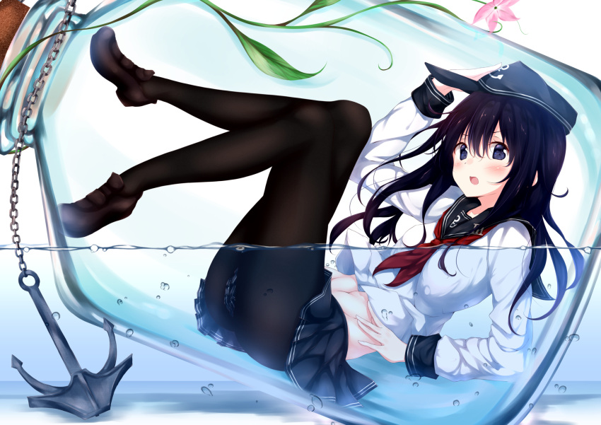 1girl adjusting_clothes adjusting_hat akatsuki_(kantai_collection) anchor_symbol black_hat black_legwear bottle commentary_request flat_cap hair_between_eyes hat highres in_bottle in_container kantai_collection long_hair looking_at_viewer messy_hair minigirl neckerchief numpopo open_mouth pantyhose partially_submerged school_uniform serafuku solo