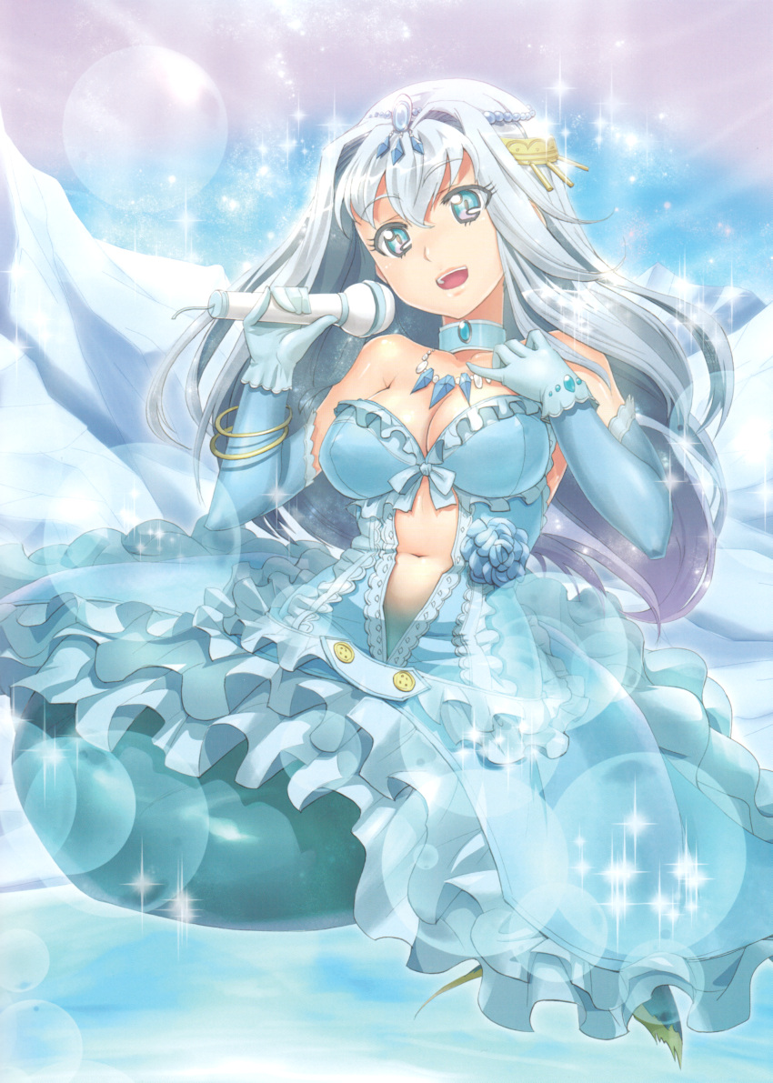 1girl :d absurdres aqua_eyes aurora_star_coral bangs bare_shoulders blue_hair bracelet breasts brooch cardfight!!_vanguard choker circlet cleavage covered_nipples flower frills gloves hair_ornament highres jewelry kimura_shigetaka large_breasts long_hair looking_at_viewer mermaid microphone midriff monster_girl navel open_mouth ribbon skirt smile solo sparkle wrist_cuffs