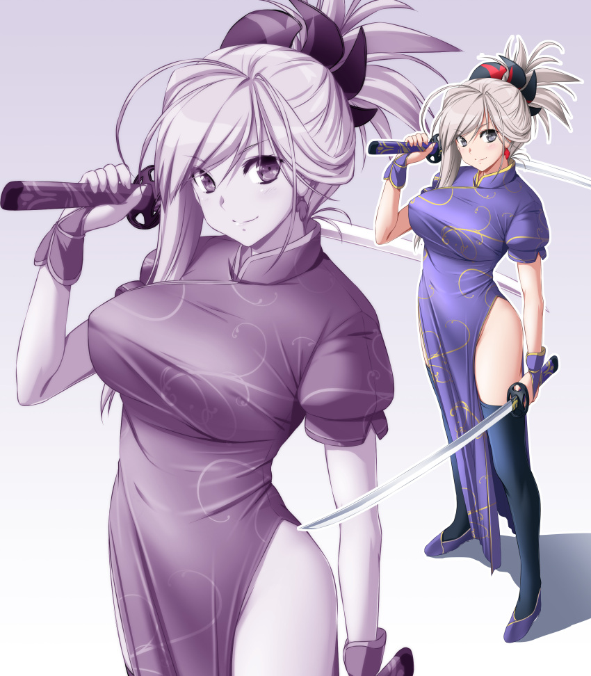 1girl absurdres asymmetrical_bangs bangs black_legwear blue_eyes blush breasts china_dress chinese_clothes closed_mouth dress dual_wielding eyebrows_visible_through_hair fate/grand_order fate_(series) grey_hair hand_up highres hips holding holding_sword holding_weapon katana large_breasts looking_at_viewer miyamoto_musashi_(fate/grand_order) nori_tamago pelvic_curtain ponytail short_sleeves sidelocks silver_hair smile solo standing sword thigh-highs thighs weapon zoom_layer