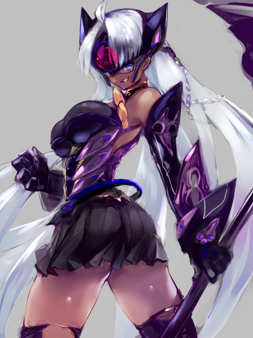 1girl android ass blue_eyes breasts cleavage cyborg dark_skin elbow_gloves glasses gloves highres large_breasts long_hair negresco scythe silver_hair simple_background smile solo t-elos tan thigh-highs under_boob white_background xenoblade xenoblade_(series) xenoblade_2 xenosaga xenosaga_episode_iii