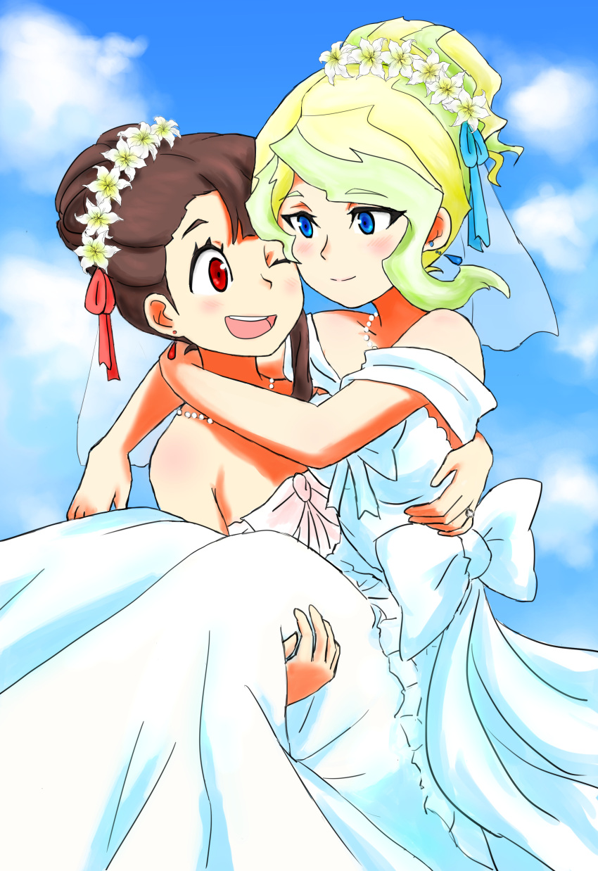 2girls absurdres artist_request blonde_hair blue_eyes bridal_veil brown_hair carrying commentary_request diana_cavendish dress flower hair_flower hair_ornament highres kagari_atsuko little_witch_academia multiple_girls princess_carry red_eyes veil wedding_dress wife_and_wife