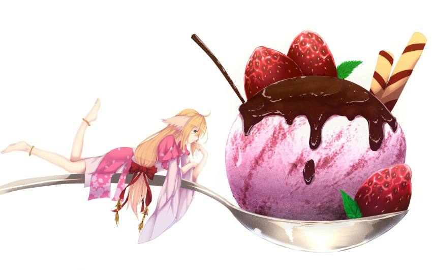 1girl ahoge animal_ears anklet bakanoe bangs barefoot blonde_hair bow chinese_clothes chinese_commentary chocolate commentary_request eyebrows_visible_through_hair food fruit green_eyes hair_between_eyes hair_bow highres huyao_xiao_hongniang ice_cream jewelry long_hair looking_at_viewer looking_to_the_side lying minigirl on_stomach red_bow simple_background solo spoon strawberry tushan_susu very_long_hair wafer_stick white_background