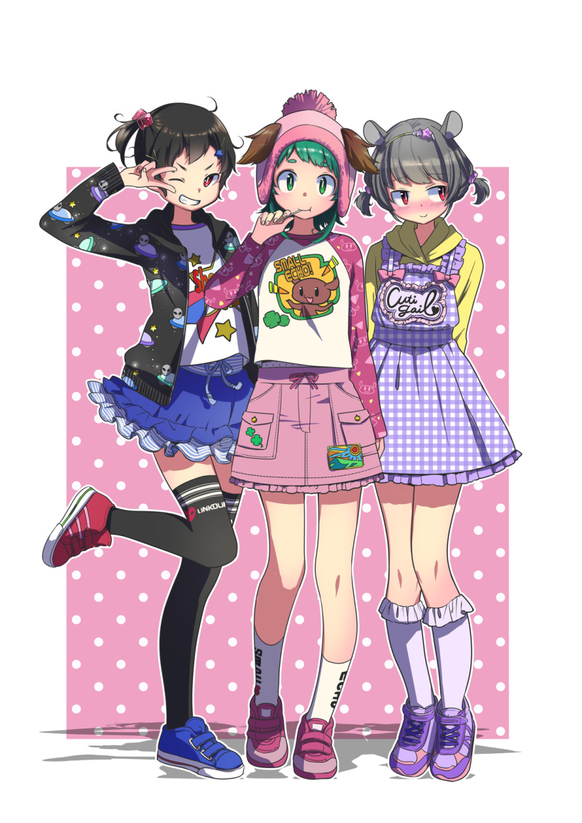 3girls :t alternate_hairstyle animal_ears black_hair black_jacket black_legwear blue_footwear blue_skirt blush casual clothes_writing commentary_request contemporary dress eyebrows_visible_through_hair frilled_legwear full_body green_eyes green_hair grey_hair grin hair_ornament hairclip hand_up hat highres hood hooded_jacket hoodie houjuu_nue jacket kasodani_kyouko kneehighs looking_at_viewer looking_to_the_side low_twintails mismatched_footwear mouse_ears multiple_girls namauni nazrin nose_blush petticoat pink_background pink_footwear pink_hat pink_skirt plaid plaid_dress polka_dot polka_dot_background purple_dress purple_footwear raglan_sleeves red_eyes red_footwear shadow shirt shoes side_ponytail skirt smile sneakers standing standing_on_one_leg star star_hair_ornament thigh-highs touhou twintails two-tone_background unmoving_pattern v v-shaped_eyebrows white_background white_legwear white_shirt yellow_hoodie zettai_ryouiki