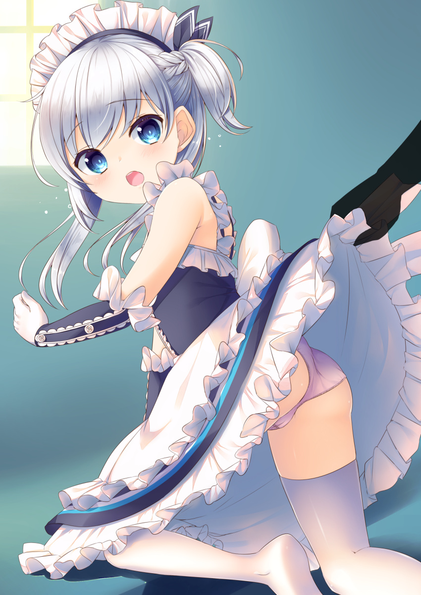 1girl absurdres apron azur_lane bare_shoulders belfast_(azur_lane) black_ribbon blue_dress blue_eyes blush braid commentary_request dress dress_lift frilled_apron frills gloves hair_ribbon highres kneeling lifted_by_another long_hair looking_at_viewer looking_to_the_side maid_headdress no_shoes one_side_up open_mouth panties pink_panties ribbon silver_hair sleeveless sleeveless_dress soles solo_focus thigh-highs underwear upper_teeth waist_apron wakuta_chisaki white_apron white_gloves white_legwear younger