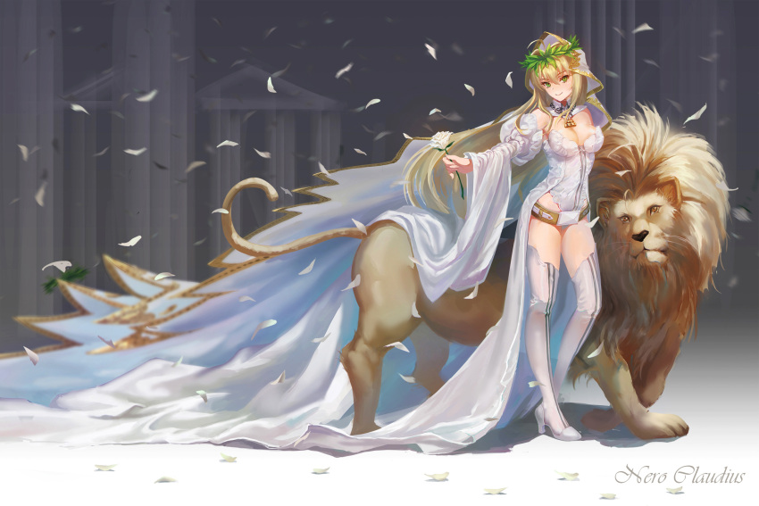 1girl ahoge bare_shoulders belt blonde_hair breasts chains detached_sleeves fate/extra fate/extra_ccc fate_(series) flower green_eyes high_heels highres laurel_crown leotard lion lock long_hair looking_at_viewer nero_claudius_(bride)_(fate) nero_claudius_(fate)_(all) petals smile solo thigh-highs ushas white_legwear
