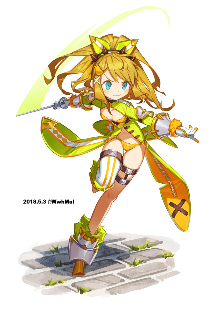 1girl :3 asymmetrical_legwear blonde_hair blue_eyes blush boots breasts closed_mouth commentary gloves green_jacket green_ribbon hair_ribbon highres holding holding_sword holding_weapon jacket long_hair navel orange_panties original outstretched_arms panties ponytail ribbon sidelocks single_thighhigh small_breasts solo standing standing_on_one_leg sword thigh-highs tiara underwear v-shaped_eyebrows weapon white_background white_gloves white_legwear yai_(hachihito)