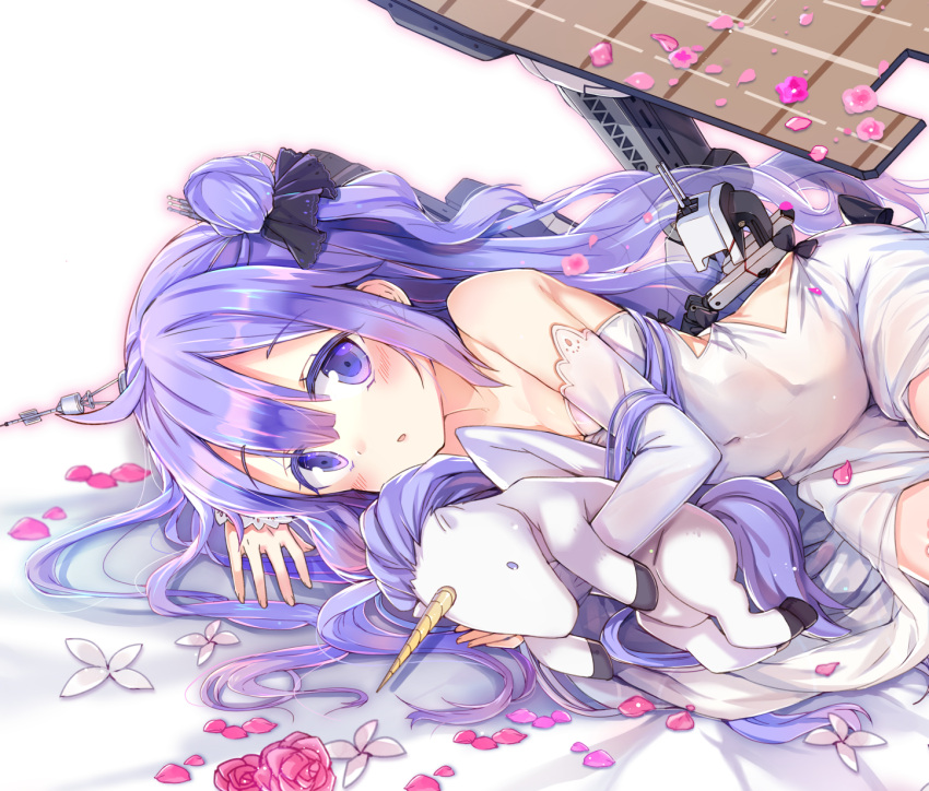1girl ahoge azur_lane bangs bare_shoulders bed_sheet black_bow black_ribbon blush bouquet bow covered_navel detached_sleeves dress eyebrows_visible_through_hair flight_deck flower hair_between_eyes hair_bun hair_ribbon highres jin_young-in long_hair long_sleeves looking_at_viewer lying object_hug on_side one_side_up parted_lips petals pink_flower pink_rose purple_flower purple_hair purple_rose ribbon ring_box rose side_bun sleeves_past_wrists solo stuffed_animal stuffed_pegasus stuffed_toy stuffed_unicorn unicorn_(azur_lane) very_long_hair violet_eyes white_dress white_flower yellow_flower