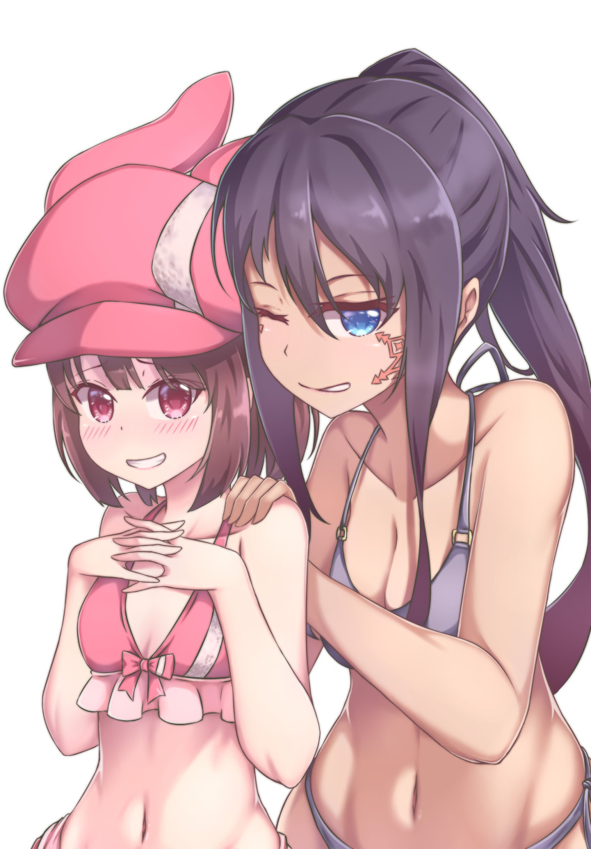 2girls absurdres animal_ears animal_hat bangs bare_arms bare_shoulders bikini blue_eyes blush bow bow_bikini breasts brown_hair bunny_hat cleavage collarbone eyebrows_visible_through_hair facial_tattoo hair_between_eyes hand_on_another's_shoulder hands_on_own_chest hat highres interlocked_fingers llenn_(sao) long_hair looking_at_viewer medium_breasts multiple_girls navel one_eye_closed parted_lips pink_bikini pink_bow pink_hat pitohui_(sao) ponytail purple_bikini purple_hair rabbit_ears red_eyes sidelocks simple_background small_breasts swimsuit sword_art_online sword_art_online_alternative:_gun_gale_online tattoo very_long_hair white_background zongren