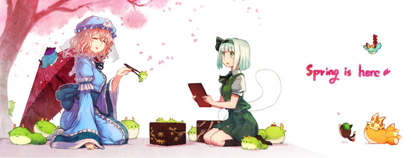 2girls chen cherry_blossoms chopsticks english fujiwara_no_mokou green_eyes hair_ribbon hat highres japanese_clothes kamishirasawa_keine kimono konpaku_youmu konpaku_youmu_(ghost) mob_cap multiple_girls obentou oriental_umbrella picnic pink_hair ribbon saigyouji_yuyuko seiza silver_hair simple_background sitting sukusuku_hakutaku terrajin touhou tree umbrella white_background yakumo_ran