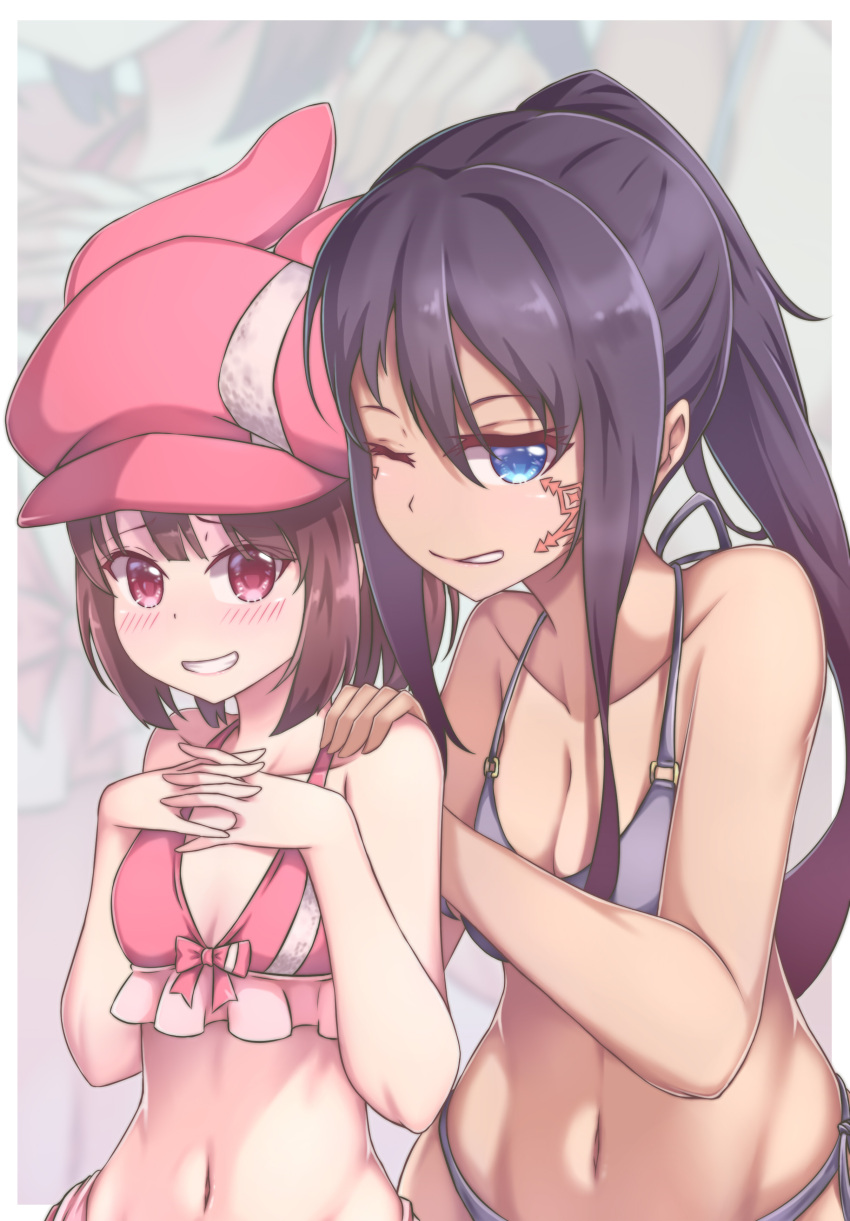 2girls absurdres animal_ears animal_hat bangs bare_arms bare_shoulders bikini blue_eyes blush bow bow_bikini breasts brown_hair bunny_hat cleavage collarbone commentary eyebrows_visible_through_hair facial_tattoo hair_between_eyes hand_on_another's_shoulder hands_on_own_chest hat highres interlocked_fingers llenn_(sao) long_hair looking_at_viewer medium_breasts multiple_girls navel one_eye_closed parted_lips pink_bikini pink_bow pink_hat pitohui_(sao) ponytail purple_bikini purple_hair rabbit_ears red_eyes sidelocks small_breasts swimsuit sword_art_online sword_art_online_alternative:_gun_gale_online tattoo very_long_hair zongren zoom_layer