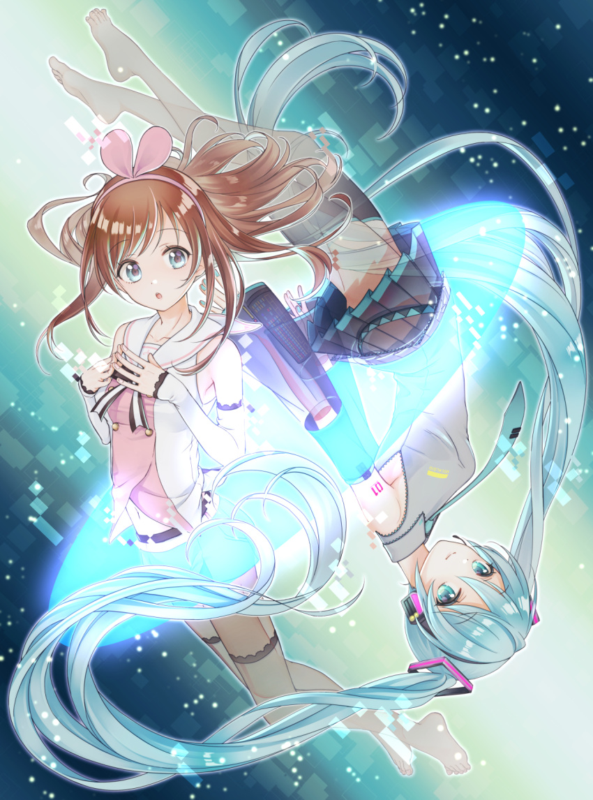 2girls a.i._channel absurdly_long_hair barefoot black_legwear black_skirt blue_eyes blue_hair brown_hair collarbone crossover detached_sleeves eyebrows_visible_through_hair floating_hair grey_shirt hair_ornament hairband hatsune_miku highres kizuna_ai long_hair looking_at_viewer midriff miniskirt multiple_girls navel neck_ribbon number open_mouth pink_hairband pink_shirt pleated_skirt ribbon shirt skirt sleeveless sleeveless_shirt stomach striped striped_ribbon tattoo thigh-highs twintails very_long_hair vocaloid