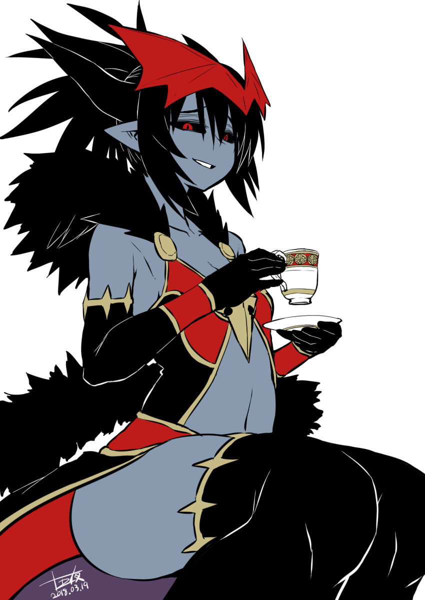 1girl bare_shoulders black_gloves black_hair black_legwear blue_skin breasts cleavage commentary_request cup dark_skin dated demon_girl elbow_gloves fur_trim gloves highres holding horns juugoya_(zyugoya) looking_at_viewer mephisto_pheles_(shinrabanshou) navel parted_lips pointy_ears red_eyes shinrabanshou short_hair signature simple_background sitting slit_pupils small_breasts smile solo teacup thigh-highs tray white_background