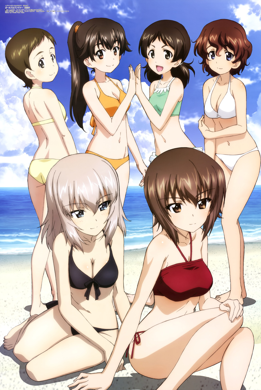 6+girls absurdres akaboshi_koume arm_support artist_request ass barefoot beach bikini black_bikini blue_eyes blue_sky blush body_blush breasts brown_eyes brown_hair character_request cleavage clouds day eyebrows_visible_through_hair flat_ass frilled_bikini frills from_behind front-tie_bikini front-tie_top girls_und_panzer green_bikini hand_on_own_arm hand_on_own_knee highres itsumi_erika large_breasts light_brown_hair light_smile long_hair looking_at_another looking_at_viewer low_twintails magazine_scan medium_breasts megami multiple_girls navel nishizumi_maho official_art open_mouth orange_bikini outdoors ponytail red_bikini ritaiko_(girls_und_panzer) scan short_hair side-tie_bikini sitting skindentation sky small_breasts smile standing swimsuit twintails white_bikini white_frills yellow_bikini yokozuwari