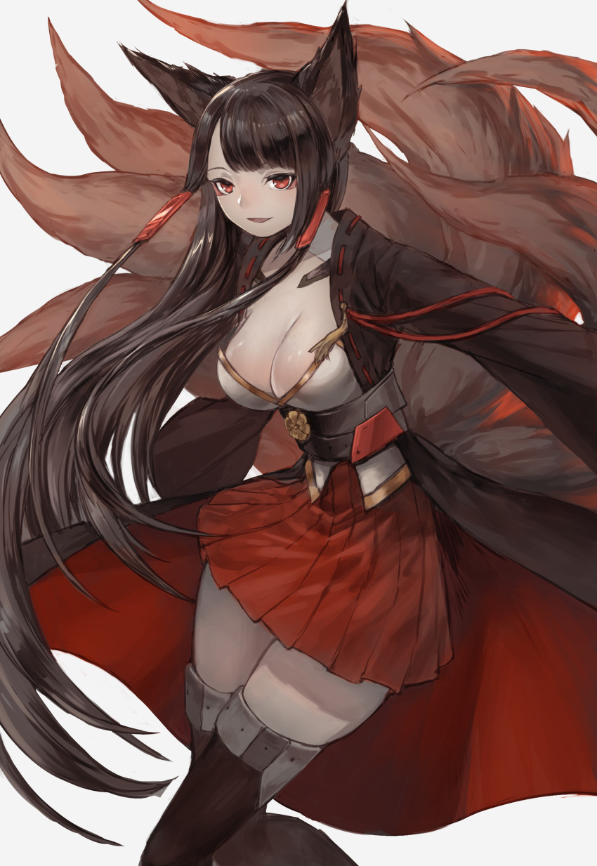 1girl :d absurdres akagi_(azur_lane) animal_ears azur_lane bangs black_hair black_legwear blunt_bangs breasts chrysanthemum cleavage eyeliner flower fox_ears fox_tail hair_tubes hakama hakama_skirt highres hinako_(anzu15) japanese_clothes kikumon large_breasts long_hair long_sleeves makeup miniskirt multiple_tails open_mouth red_eyes red_hakama red_skirt ribbon_trim skirt smile solo straight_hair swept_bangs tail tassel thigh-highs very_long_hair zettai_ryouiki