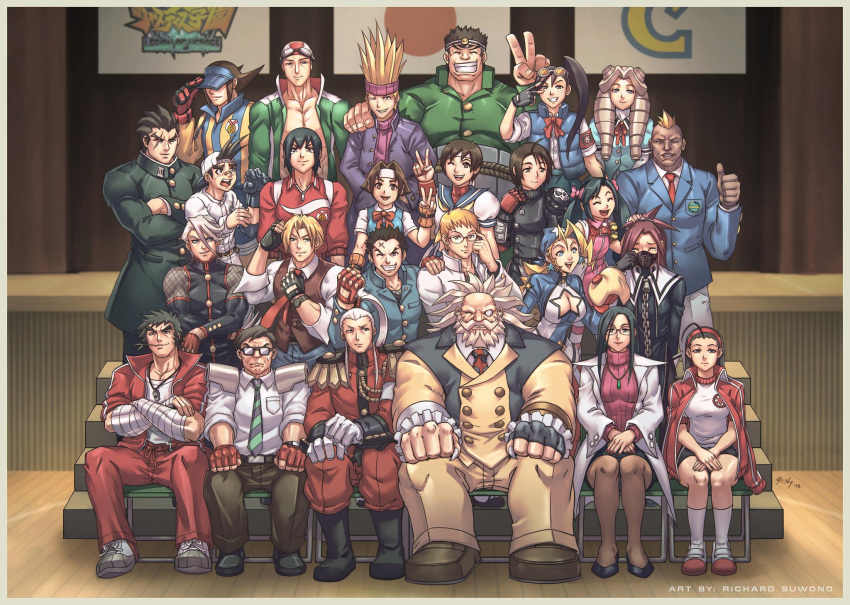 6+boys 6+girls adjusting_headwear ahoge artist_name ayuhara_natsu backwards_hat ball bandage bandaged_hands baseball_cap beard biker_clothes bikesuit black_hair blonde_hair boman_delgado boxing_gloves brown_hair brown_legwear capcom chains cleavage_cutout crying dark_skin drill_hair epaulettes everyone eyewear_on_head facial_hair fingerless_gloves fishnets glasses gloves goggles goggles_on_head hairband hat headband hibiki_ran highres himezaki_aoi ichimonji_batsu iinchou_(justice_gakuen) imawano_hyou imawano_raizou isurugi_gan jacket japanese_flag jewelry kagami_kyousuke karuizawa_momo kasugano_sakura kazama_akira kazama_daigo kirishima_kurou kirishima_yurika labcoat logo mask minazuki_kyouko mohawk monocle multiple_boys multiple_girls namikawa_nagare necklace necktie nekketsu_hayato pacific_high_school_uniform pantyhose ponytail project_justice purple_sweater redhead ribbed_sweater richard_suwono rival_schools rival_schools:_united_by_fate roberto_miura roy_bromwell sawamura_shouma scar scar_across_eye shimazu_hideo socks sportswear street_fighter sunglasses sweater swim_cap taiyou_gakuen_uniform tears tennis_ball thumbs_up tiffany_lords track_jacket twin_drills twintails v visor volleyball_uniform wakaba_hinata whistle whistle_around_neck white_legwear yamada_eiji