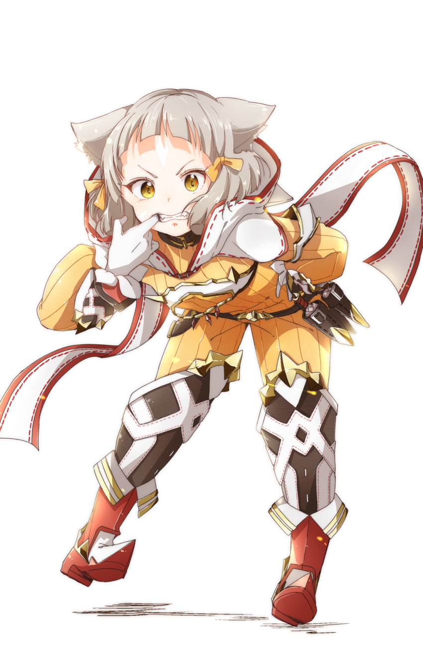 1girl animal_ears bafarin bangs belt blunt_bangs bodysuit boots cat_ears full_body gloves hair_ornament hair_ribbon hand_on_hip highres hood knee_boots looking_at_viewer niyah ribbed_bodysuit ribbon short_hair silver_hair simple_background smile solo standing white_background white_gloves xenoblade xenoblade_(series) xenoblade_2 yellow_bodysuit yellow_eyes yellow_ribbon