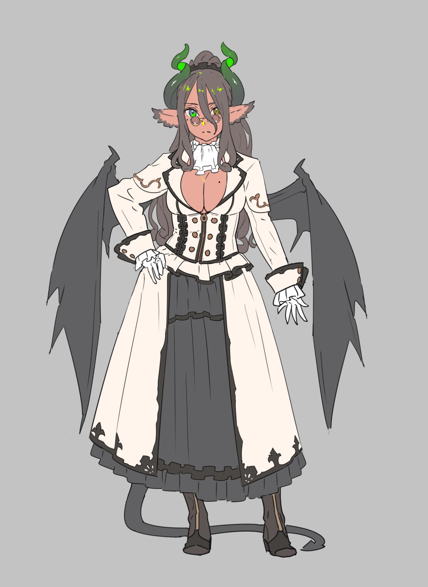 1girl animal_ears ascot black_footwear black_neckwear boots breasts cleavage closed_mouth dark_skin dragon_horns dragon_tail dragon_wings dress glasses green_eyes grey_background grey_hair hair_between_eyes hand_on_hip highres horns long_sleeves looking_at_viewer low_wings mole mole_on_breast nagisa_kurousagi original pince-nez simple_background solo standing tail white_dress wings