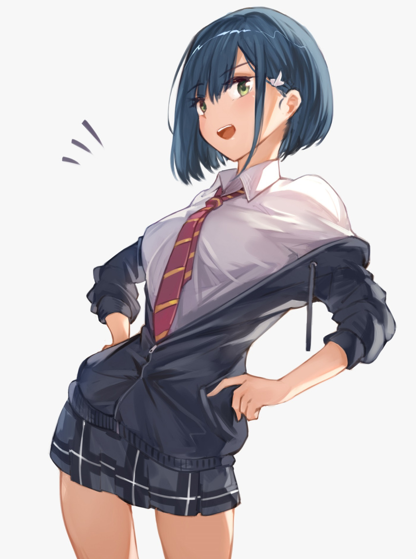 1girl :d blue_hair breasts cowboy_shot darling_in_the_franxx eyebrows_visible_through_hair green_eyes grey_background hair_ornament hairclip hana_mori hands_on_hips highres ichigo_(darling_in_the_franxx) jacket looking_at_viewer medium_breasts necktie notice_lines off_shoulder open_clothes open_jacket open_mouth pleated_skirt school_uniform short_hair simple_background skirt smile solo