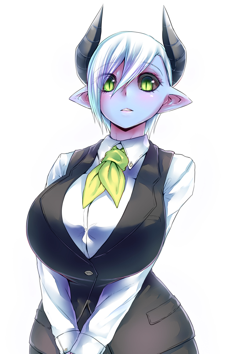 1girl absurdres black_sclera blue_skin breasts demon_girl demon_horns dress_shirt eyes_visible_through_hair green_eyes hair_between_eyes highres horns huge_breasts juugoya_(zyugoya) looking_at_viewer musuko_ga_kawaikute_shikatanai_mazoku_no_hahaoya parted_lips pointy_ears shirt short_hair slit_pupils solo teresa_(musuko_ga_kawaikute_shikatanai_mazoku_no_hahaoya) v_arms vest white_background white_hair