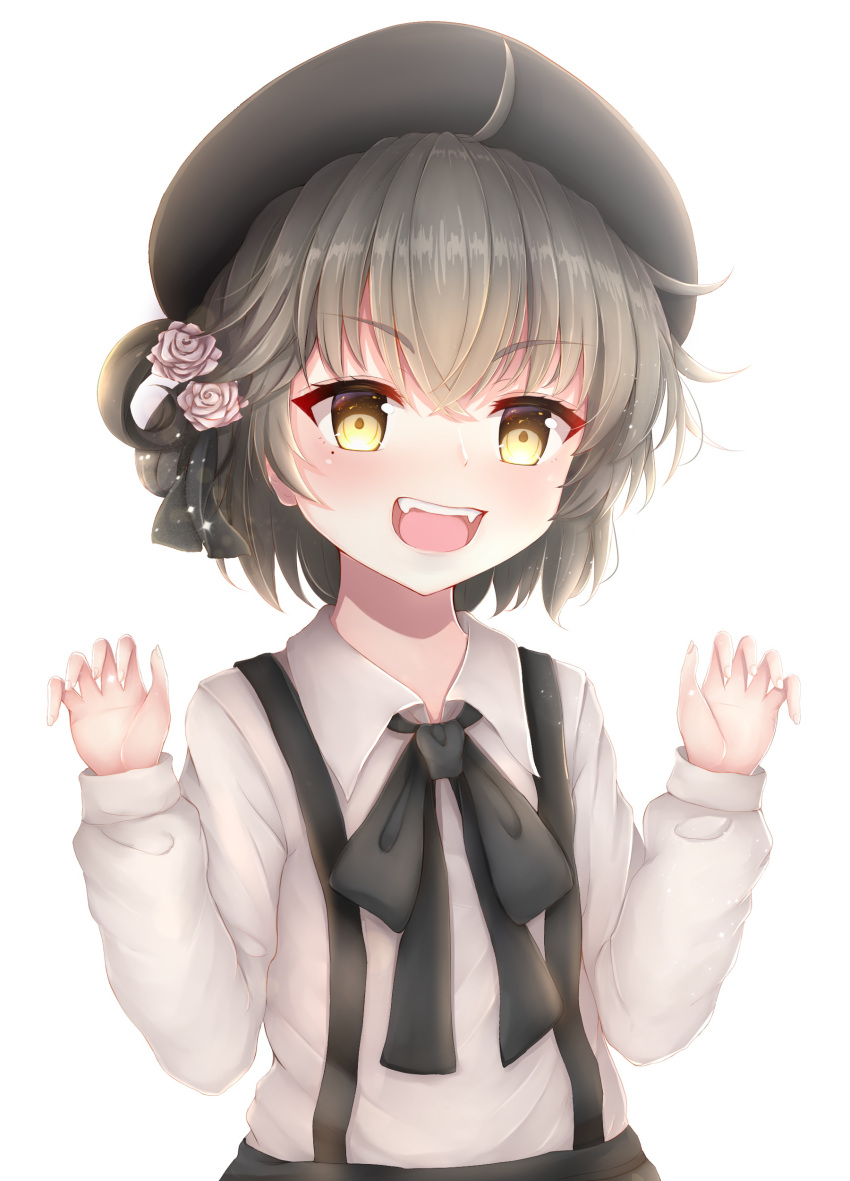 1girl :d absurdres bangs beret black_bow black_hat black_ribbon black_skirt blush bow brown_eyes brown_hair claw_pose collared_shirt endsmall_min eyebrows_visible_through_hair fangs fingernails flower hair_between_eyes hair_flower hair_ornament hair_ribbon hair_rings hands_up hat hatoba_tsugu hatoba_tsugu_(character) highres long_sleeves looking_at_viewer open_mouth revision ribbon rose shirt simple_background skirt smile solo suspender_skirt suspenders v-shaped_eyebrows virtual_youtuber white_background white_flower white_rose white_shirt