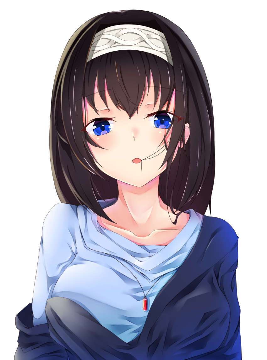1girl bangs black_hair blue_eyes blue_shirt blush breasts collarbone commentary_request eyebrows_visible_through_hair eyes_visible_through_hair hair_between_eyes hair_in_mouth hairband head_tilt highres idolmaster idolmaster_cinderella_girls idolmaster_cinderella_girls_starlight_stage jewelry large_breasts long_hair looking_at_viewer parted_lips pendant sagisawa_fumika shirt simple_background siroimo0828 solo white_background white_hairband
