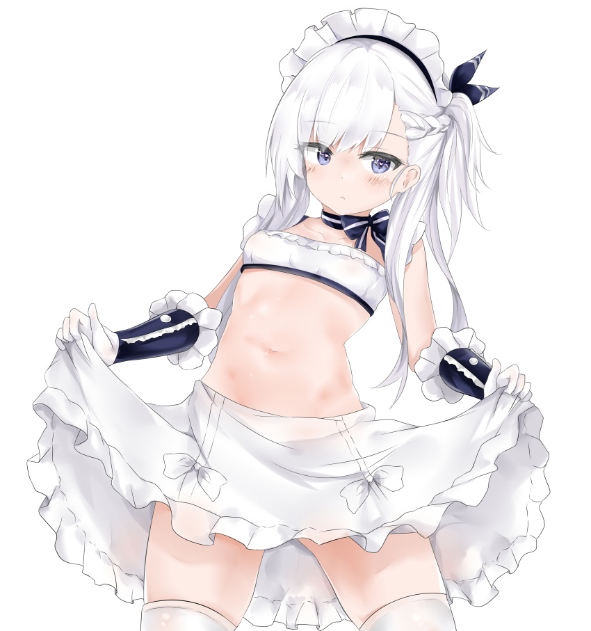 1girl :&lt; absurdres alternate_costume azur_lane bangs belfast_(azur_lane) blue_eyes blush braid breasts chains cleavage closed_mouth collar collarbone dress eyebrows_visible_through_hair french_braid frills gloves hair_ribbon heart heart-shaped_pupils highres long_hair looking_at_viewer maid maid_headdress navel ribbon ru_zhai sidelocks simple_background skindentation skirt skirt_lift small_breasts solo stomach symbol-shaped_pupils thighs white_background white_gloves white_hair white_skirt younger