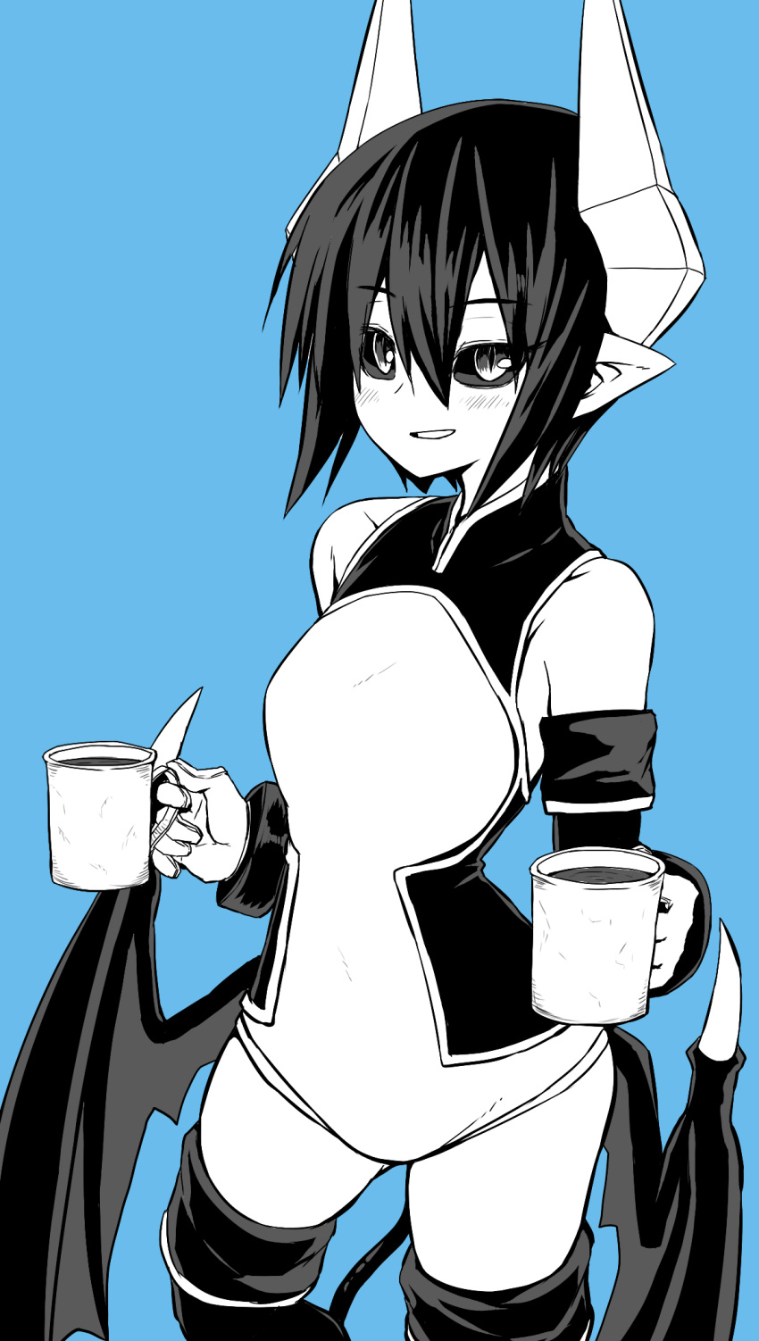 1girl black_sclera blue_background blush coffee coffee_mug contrapposto cup demon_girl demon_horns demon_tail demon_wings elbow_gloves eyebrows_visible_through_hair gloves greyscale hair_between_eyes highres horns juugoya_(zyugoya) looking_at_viewer low_wings monochrome mug parted_lips pointy_ears seizaverus shinrabanshou short_hair simple_background slit_pupils smile solo standing tail thigh-highs wings
