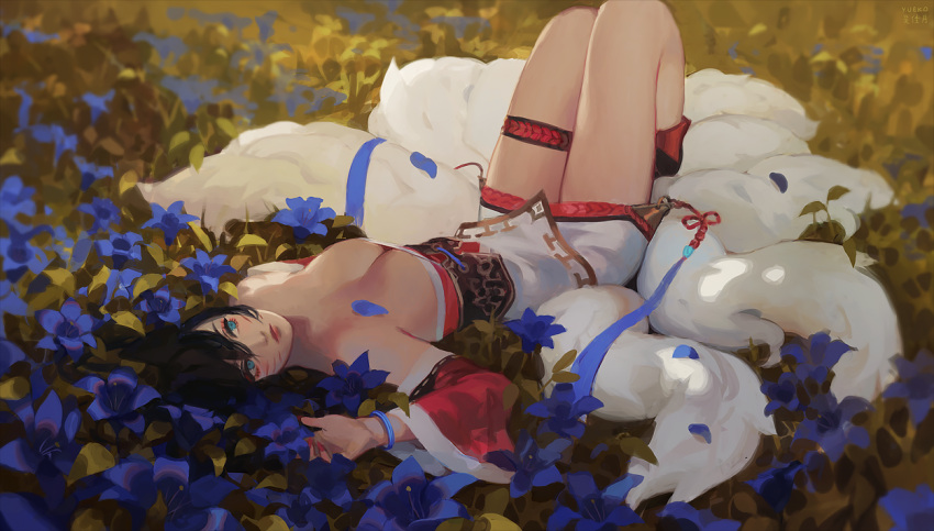 1girl ahri animal_ears black_hair blue_eyes bracelet breasts cleavage commentary day detached_sleeves english_commentary eyeshadow field flower flower_field fox_ears fox_tail full_body jewelry jiayue_wu korean_clothes league_of_legends legs_together lips looking_up lying makeup medium_breasts multiple_tails nail_polish on_back outdoors petals slender_waist socks solo strapless tail whisker_markings