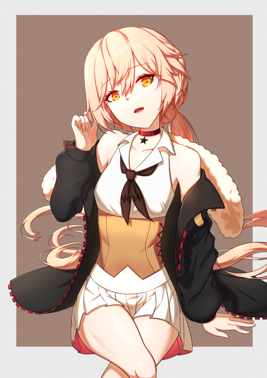 1girl arm_support bangs bare_shoulders black_gloves black_neckwear blonde_hair braid breasts choker cleavage closed_mouth collarbone corset eyebrows_visible_through_hair fur-trimmed_jacket fur_trim girls_frontline gloves hair_between_eyes head_tilt highres jacket legs_crossed long_hair looking_at_viewer off_shoulder open_mouth ots-14_(girls_frontline) panix2383 pleated_skirt sidelocks skirt solo star very_long_hair yellow_eyes