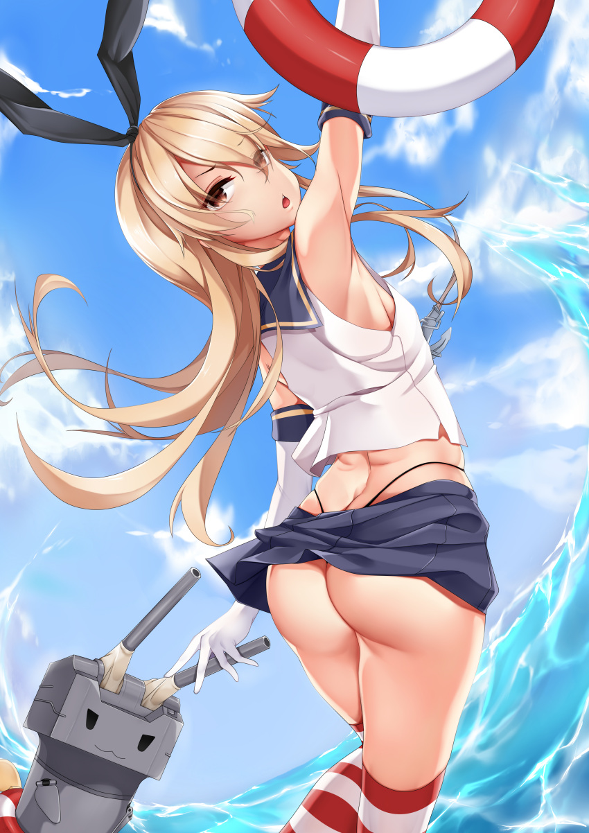 1girl absurdres anchor_hair_ornament arm_up ass black_panties blonde_hair blue_sky blush breasts brown_eyes chestnut_mouth clouds crop_top elbow_gloves from_behind gloves hair_ornament hairband highleg highleg_panties highres kana616 kantai_collection lifebuoy long_hair looking_at_viewer looking_back microskirt open_mouth outdoors panties rensouhou-chan sailor_collar school_uniform serafuku shimakaze_(kantai_collection) sideboob skindentation skirt sky sleeveless small_breasts solo striped striped_legwear thigh-highs thong underwear water white_gloves