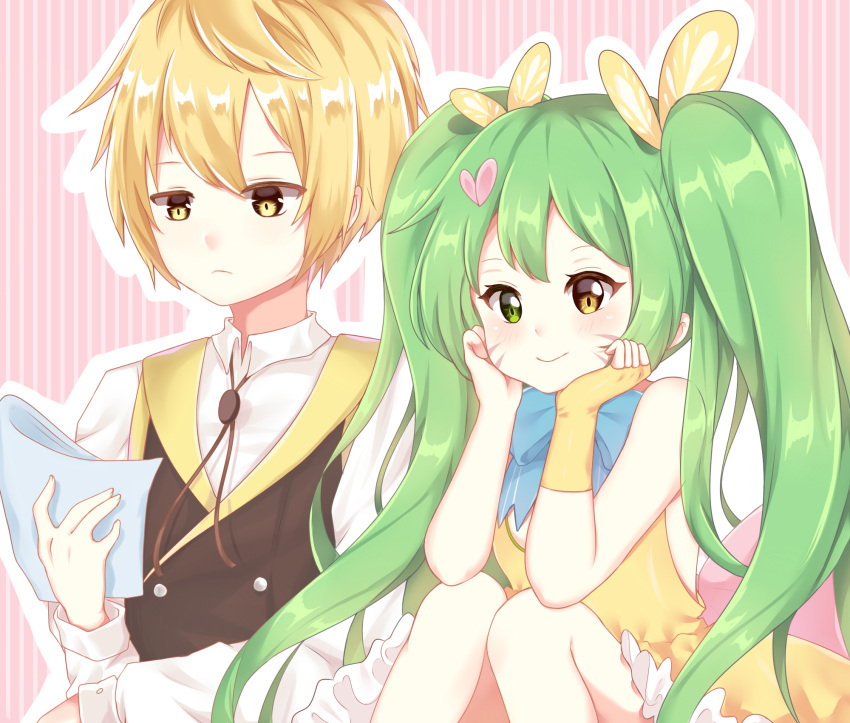 1boy 1girl arm_support bangs bare_shoulders black_vest blonde_hair blue_bow blush bolo_tie bow character_request closed_mouth collared_shirt commentary_request dress facial_mark fingerless_gloves gloves gourmet_kizuna green_eyes green_hair hair_ornament hair_ribbon heart heart_hair_ornament heterochromia highres light_(luxiao_deng) long_hair long_sleeves looking_at_viewer outline pink_background pink_bow ribbon shirt sidelocks single_glove sitting sleeveless sleeveless_dress smile striped striped_background twintails vertical-striped_background vertical_stripes very_long_hair vest white_outline white_shirt yellow_dress yellow_eyes yellow_gloves yellow_ribbon