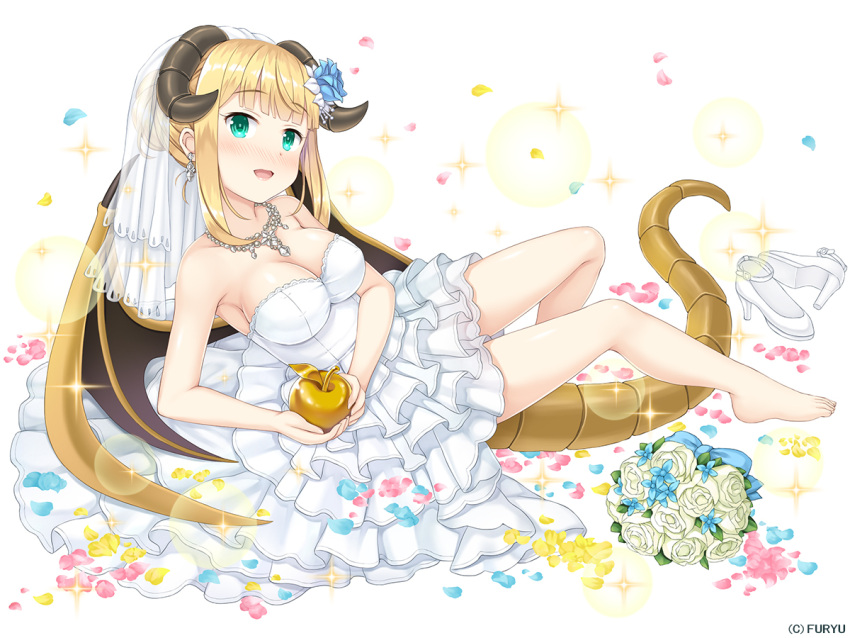 1girl :d arm_support armpits bangs bare_arms bare_legs bare_shoulders barefoot blonde_hair blue_flower blunt_bangs blush bouquet breasts bridal_veil cleavage collarbone company_name dragon_girl dragon_horns dragon_tail dress earrings eyebrows_visible_through_hair falling_petals flower food fruit full_body golden_apple green_eyes hair_bun hair_flower hair_ornament head_tilt high_heels holding holding_fruit horns jewelry large_breasts layered_dress lipstick looking_at_viewer makeup monmusume-harem namaru_(summer_dandy) necklace nose_blush official_art open_mouth petals pink_lipstick reclining see-through shiny shiny_hair shiny_skin shoes_removed short_hair sidelocks simple_background smile solo sparkle spikes strapless strapless_dress tail taut_clothes taut_dress veil wedding_dress white_background white_dress white_flower white_footwear