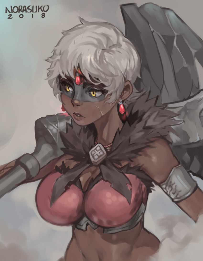 1girl armlet armor bikini_armor breasts cleavage commentary crossover dark_skin detached_collar earrings english_commentary eyelashes facepaint forehead_jewel fur_collar highres huge_weapon jewelry large_breasts making_of mallet monster_hunter monster_hunter:_world norasuko over_shoulder pendant ramona_(the_prey) scar short_hair silver_hair simple_background solo the_prey upper_body weapon weapon_over_shoulder yellow_eyes