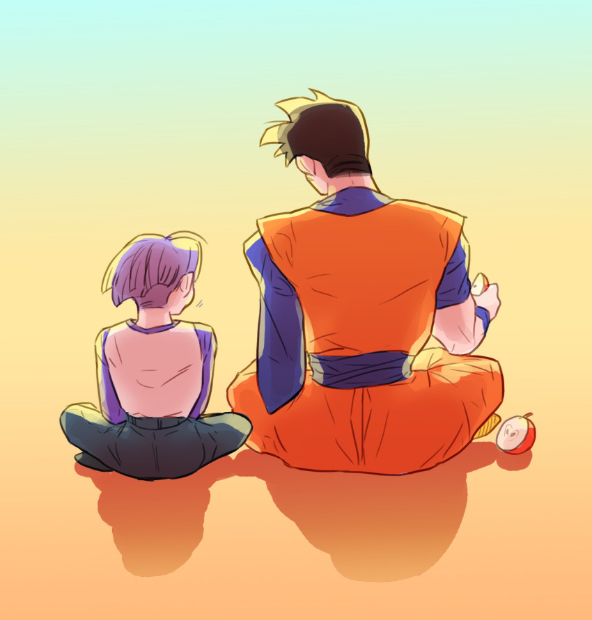 2boys apple back_turned black_hair dougi dragon_ball dragonball_z food fruit full_body height_difference highres long_sleeves male_focus multiple_boys pants purple_hair shadow shirt short_hair simple_background sitting son_gohan trunks_(dragon_ball) two-tone_background white_shirt