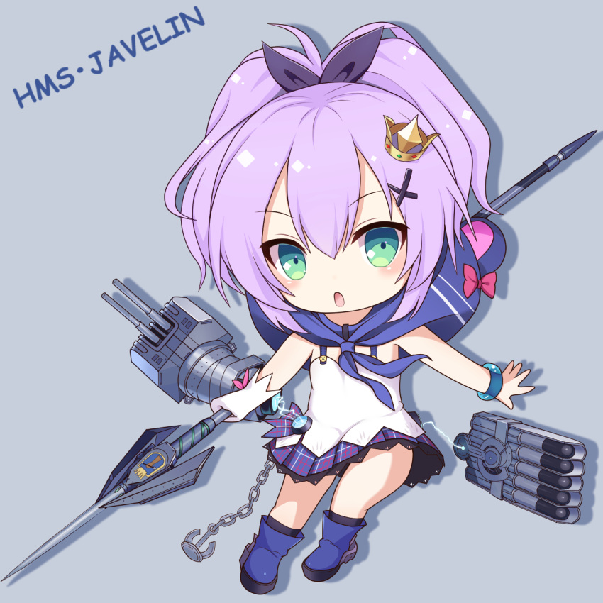 1girl anchor azur_lane bangs blue_footwear blush boots bracelet camisole cannon chains character_name chibi commentary_request crown eyebrows_visible_through_hair full_body gloves green_eyes grey_background hair_between_eyes highres holding holding_weapon javelin javelin_(azur_lane) jewelry kyuujou_komachi looking_at_viewer mini_crown object_namesake parted_lips plaid plaid_skirt purple_hair purple_skirt revision simple_background single_glove skirt solo torpedo turret weapon white_camisole white_gloves