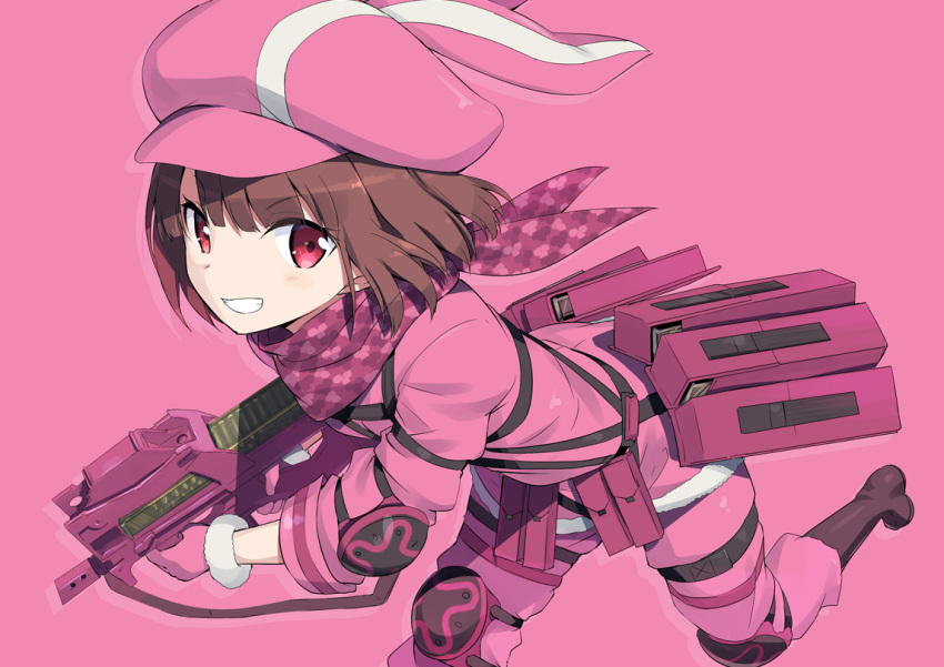 1girl animal_ears animal_hat bandanna bangs blush boots brown_footwear brown_hair bullpup bunny_hat commentary_request eyebrows_visible_through_hair fur-trimmed_gloves fur_trim gloves gochou_(atemonai_heya) grin gun hat holding holding_gun holding_weapon jacket llenn_(sao) long_sleeves looking_at_viewer official_art p-chan_(sao) p90 pants pink_background pink_bandana pink_gloves pink_hat pink_jacket pink_pants rabbit_ears red_eyes simple_background smile solo standing standing_on_one_leg submachine_gun sword_art_online sword_art_online_alternative:_gun_gale_online v-shaped_eyebrows weapon