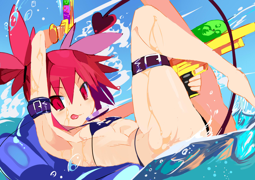 :p :q arm_belt armpits ass bikini black_bikini breasts commentary_request demon_tail disgaea dual_wielding dutch_angle etna highres holding leg_belt looking_at_viewer makai_senki_disgaea miyakawa106 ocean partially_submerged red_eyes redhead short_twintails sketch small_breasts smile splashing swimsuit tail thigh_strap tongue tongue_out twintails water_gun wet
