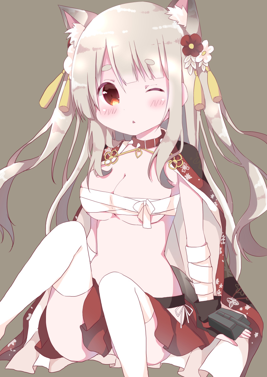 1girl :&lt; absurdres animal_ears azur_lane bandage bandaged_arm bangs black_cape black_gloves blush breasts brown_background brown_eyes cannon cape cleavage collar commentary_request eyebrows_visible_through_hair fingerless_gloves flower gloves hair_between_eyes hair_flower hair_ornament hamada_pengin head_tilt highres light_brown_hair long_hair medium_breasts one_eye_closed parted_lips pleated_skirt red_collar red_flower red_skirt sarashi short_eyebrows simple_background sitting skirt solo spiked_collar spikes tail thick_eyebrows thigh-highs triangle_mouth turret two_side_up very_long_hair white_flower white_legwear wolf_ears wolf_girl wolf_tail yuudachi_(azur_lane)