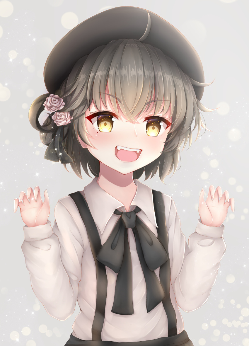 1girl :d absurdres bangs beret black_bow black_hat black_ribbon black_skirt blush bow brown_eyes brown_hair claw_pose collared_shirt commentary_request endsmall_min eyebrows_visible_through_hair fangs fingernails flower hair_between_eyes hair_flower hair_ornament hair_ribbon hair_rings hands_up hat hatoba_tsugu hatoba_tsugu_(character) highres long_sleeves looking_at_viewer open_mouth revision ribbon rose shirt skirt smile solo suspender_skirt suspenders v-shaped_eyebrows virtual_youtuber white_flower white_rose white_shirt