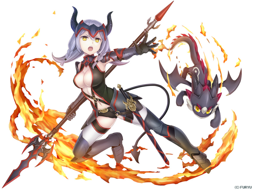 1girl arm_up armored_oots bare_shoulders black_belt black_shirt black_shorts braid breasts buckle center_opening cleavage company_name dragon dragon_girl dragon_tail faulds fire flipped_hair forehead_protector full_body gauntlets grey_hair hair_between_eyes holding holding_spear holding_weapon horned_headwear large_breasts long_hair looking_back monmusume-harem monster_girl namaru_(summer_dandy) navel o-ring official_art open_mouth outstretched_arm outstretched_hand pale_skin polearm scabbard serious sheath sheathed shirt short_shorts shorts simple_background spaulders spear spikes sword tail thigh-highs twin_braids v-shaped_eyes vambraces weapon white_background white_legwear yellow_eyes