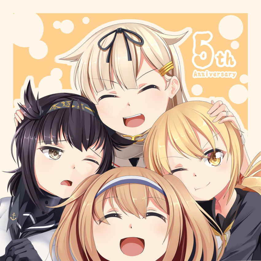 4girls :d ;o ;t ^_^ anchor_symbol anniversary black_hair blonde_hair brown_eyes brown_hair closed_eyes commentary_request eyebrows_visible_through_hair hair_flaps hair_ribbon hairband hatsuzuki_(kantai_collection) highres i-26_(kantai_collection) jewelry kantai_collection long_hair looking_at_viewer low_twintails multiple_girls one_eye_closed open_mouth ribbon ring satsuki_(kantai_collection) smile twintails underwear v-shaped_eyebrows wedding_band yasume_yukito yellow_eyes yuudachi_(kantai_collection)