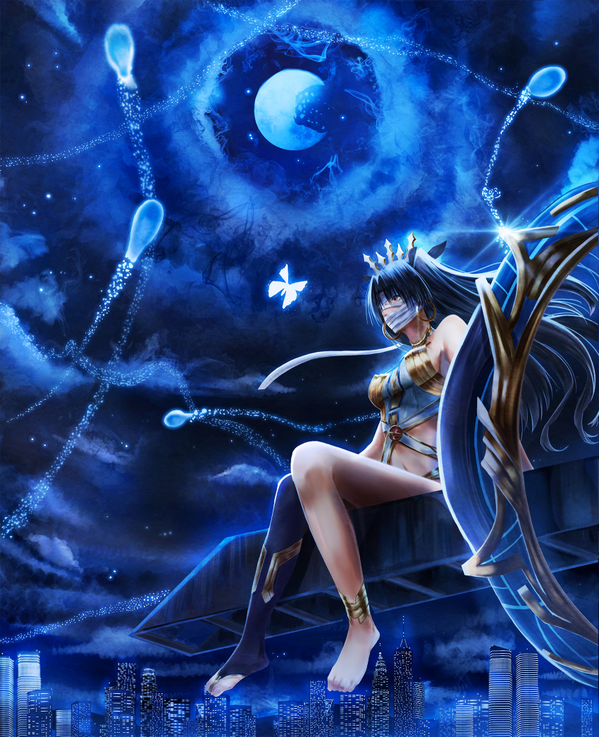 1girl anklet armlet asymmetrical_legwear bandage bandaged_head black_hair bug building butterfly crown detached_collar earrings fate/grand_order fate_(series) female ghost heavenly_boat_maanna highres hoop_earrings insect ishtar_(fate/grand_order) jewelry long_hair moon neck_ring nikek96 red_eyes single_thighhigh sitting skyline skyscraper solo thigh-highs toeless_legwear tohsaka_rin type-moon