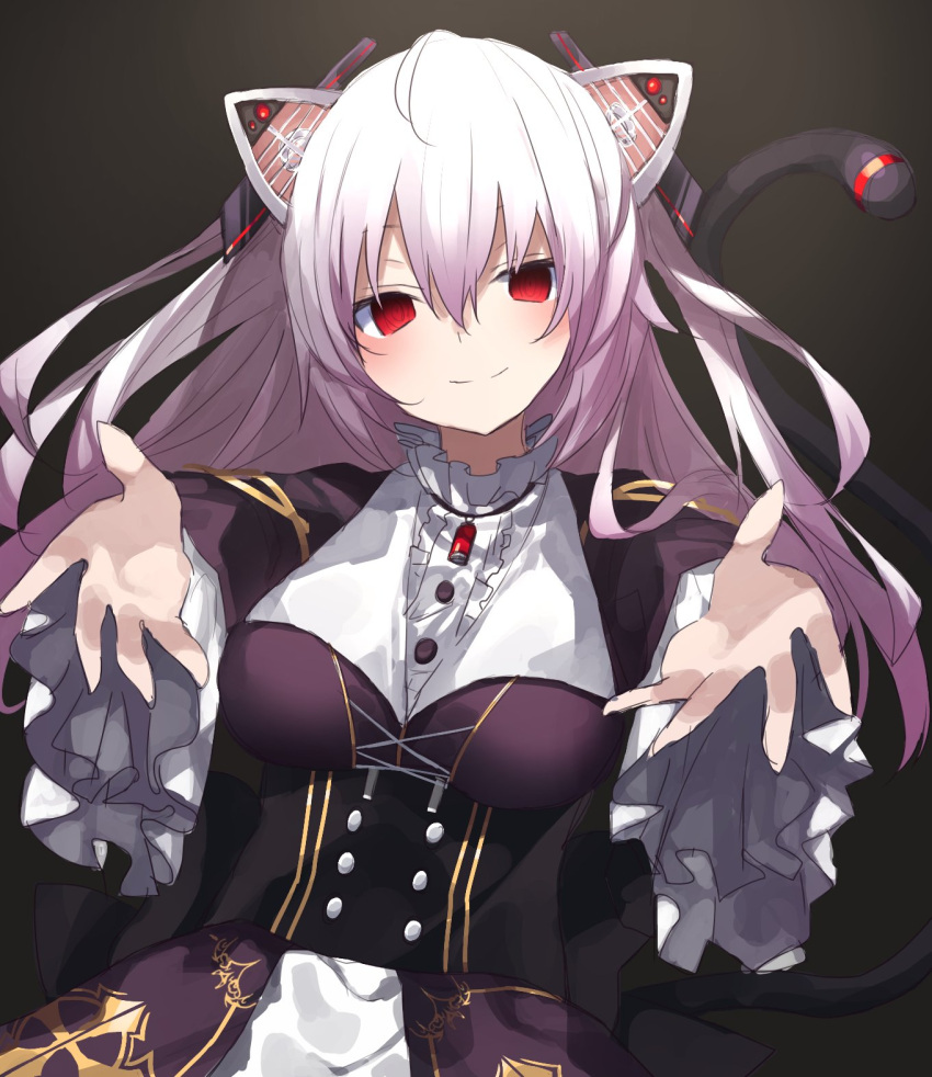 1girl animal_ears bangs blancpig_yryr blush cat_ears dress eyebrows_visible_through_hair hair_between_eyes highres long_hair long_sleeves looking_at_viewer nora_cat nora_cat_channel red_eyes silver_hair smile solo very_long_hair virtual_youtuber