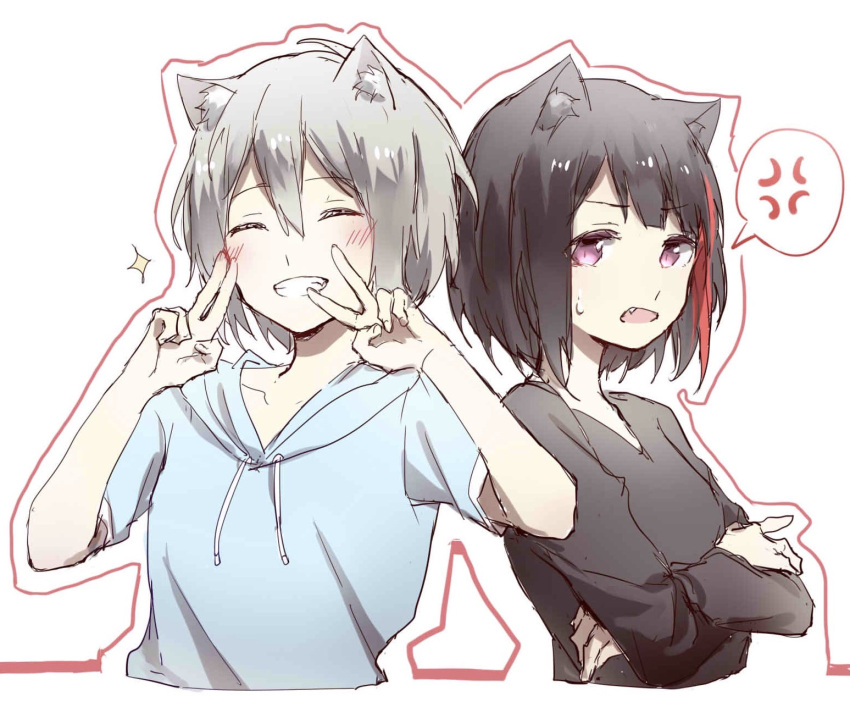 2girls ^_^ anger_vein animal_ears aoba_moka bang_dream! black_hair black_shirt blue_hoodie bob_cut cat_ears closed_eyes cropped_torso crossed_arms double_v drawstring fang grey_hair grin hair_between_eyes highres hood hood_down hoodie kemonomimi_mode long_sleeves mitake_ran multicolored_hair multiple_girls open_mouth outline redhead shirt short_hair short_sleeves smile sparkle spoken_anger_vein streaked_hair sweatdrop upper_body v v-neck violet_eyes white_background xuanwo_o