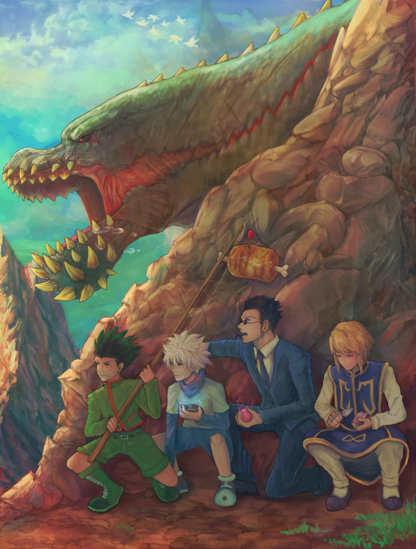 4boys absurdres black_sclera blonde_hair blue_eyes blue_jacket blue_neckwear blue_pants blue_shorts bone boned_meat boots business_suit clouds cloudy_sky collared_shirt crossover day deviljho dinosaur dragon drooling electricity expressionless fishing_rod food formal full_body gon_freecss green_eyes green_footwear green_hair green_jacket green_shorts half-closed_eyes hiding highres holding holding_fishing_rod hunter_x_hunter jacket killua_zoldyck kneeling kurapika leorio_paladiknight long_sleeves male_focus meat monster_hunter mountain multiple_boys necktie open_mouth orange_eyes outdoors pants red_eyes scar sharp_teeth shirt short_sleeves shorts sideburns sky smile spikes spiky_hair squatting suit suit_jacket sunglasses sweat teeth uchi_vs_the_world white_hair white_pants white_shirt wing_collar